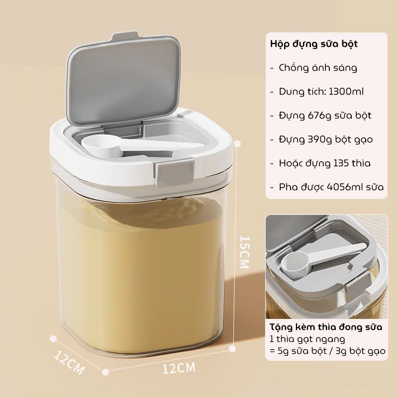 Hộp đựng sữa bột cho bé, hộp trữ sữa bột chống ẩm, chống côn trùng bảo quản chân không tặng kèm muỗng