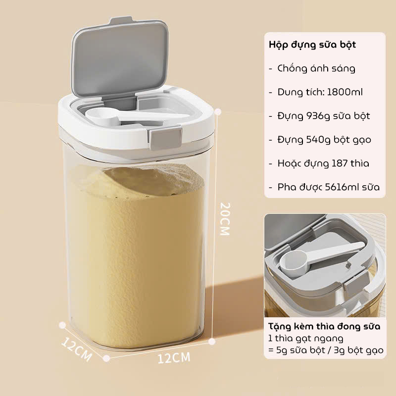 Hộp đựng sữa bột cho bé, hộp trữ sữa bột chống ẩm, chống côn trùng bảo quản chân không tặng kèm muỗng