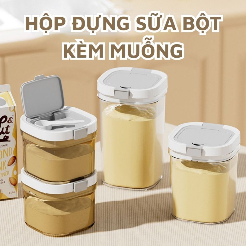 Hộp đựng sữa bột cho bé, hộp trữ sữa bột chống ẩm, chống côn trùng bảo quản chân không tặng kèm muỗng