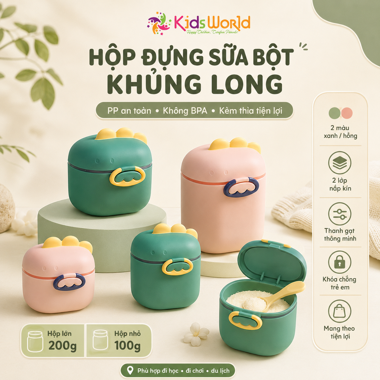 Hộp đựng sữa bột, trữ sữa bột cho bé di động hình khủng long dễ thương kèm thìa tiện lợi cho bé khi đi chơi, du lịch