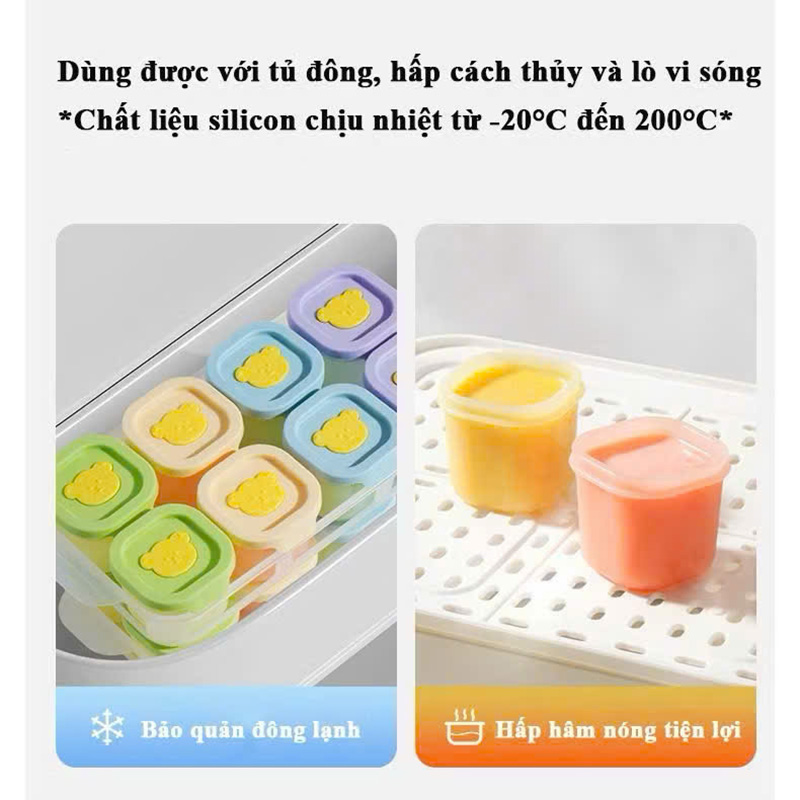 Hộp trữ thức ăn, trữ đông silicone hình gấu cho bé ăn dặm chịu nhiệt, chống rò rỉ, chia phần 50ml