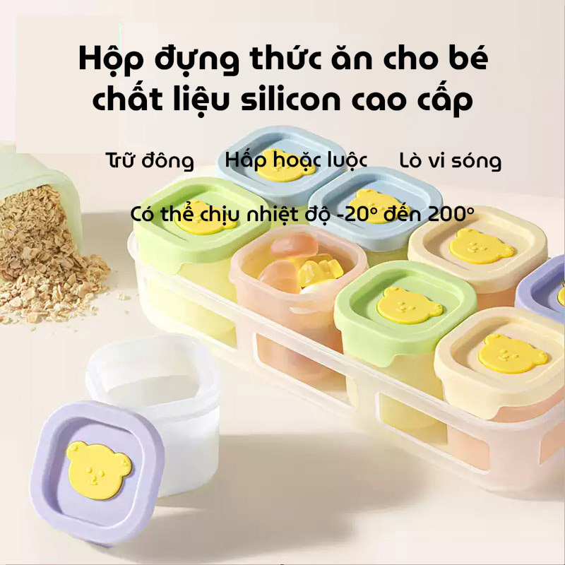 Hộp trữ thức ăn, trữ đông silicone hình gấu cho bé ăn dặm chịu nhiệt, chống rò rỉ, chia phần 50ml