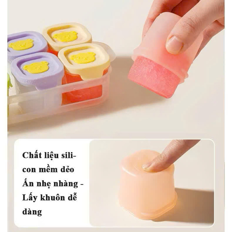 Hộp trữ thức ăn, trữ đông silicone hình gấu cho bé ăn dặm chịu nhiệt, chống rò rỉ, chia phần 50ml