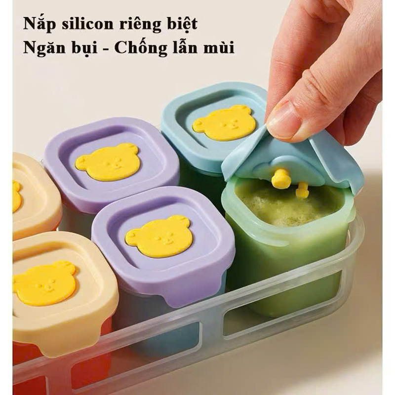 Hộp trữ thức ăn, trữ đông silicone hình gấu cho bé ăn dặm chịu nhiệt, chống rò rỉ, chia phần 50ml