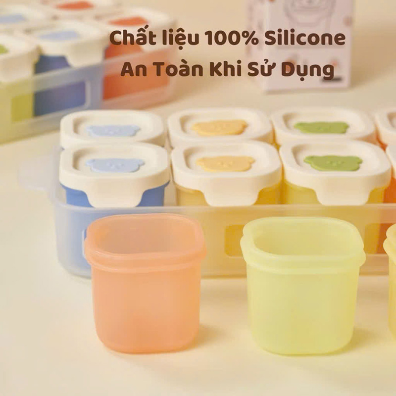 Hộp trữ thức ăn, trữ đông silicone hình gấu cho bé ăn dặm chịu nhiệt, chống rò rỉ, chia phần 50ml