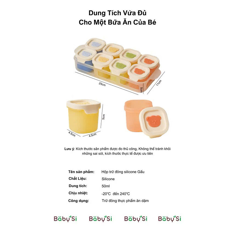 Hộp trữ thức ăn, trữ đông silicone hình gấu cho bé ăn dặm chịu nhiệt, chống rò rỉ, chia phần 50ml