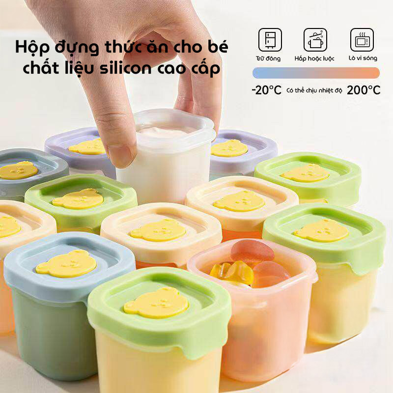 Hộp trữ thức ăn, trữ đông silicone hình gấu cho bé ăn dặm chịu nhiệt, chống rò rỉ, chia phần 50ml