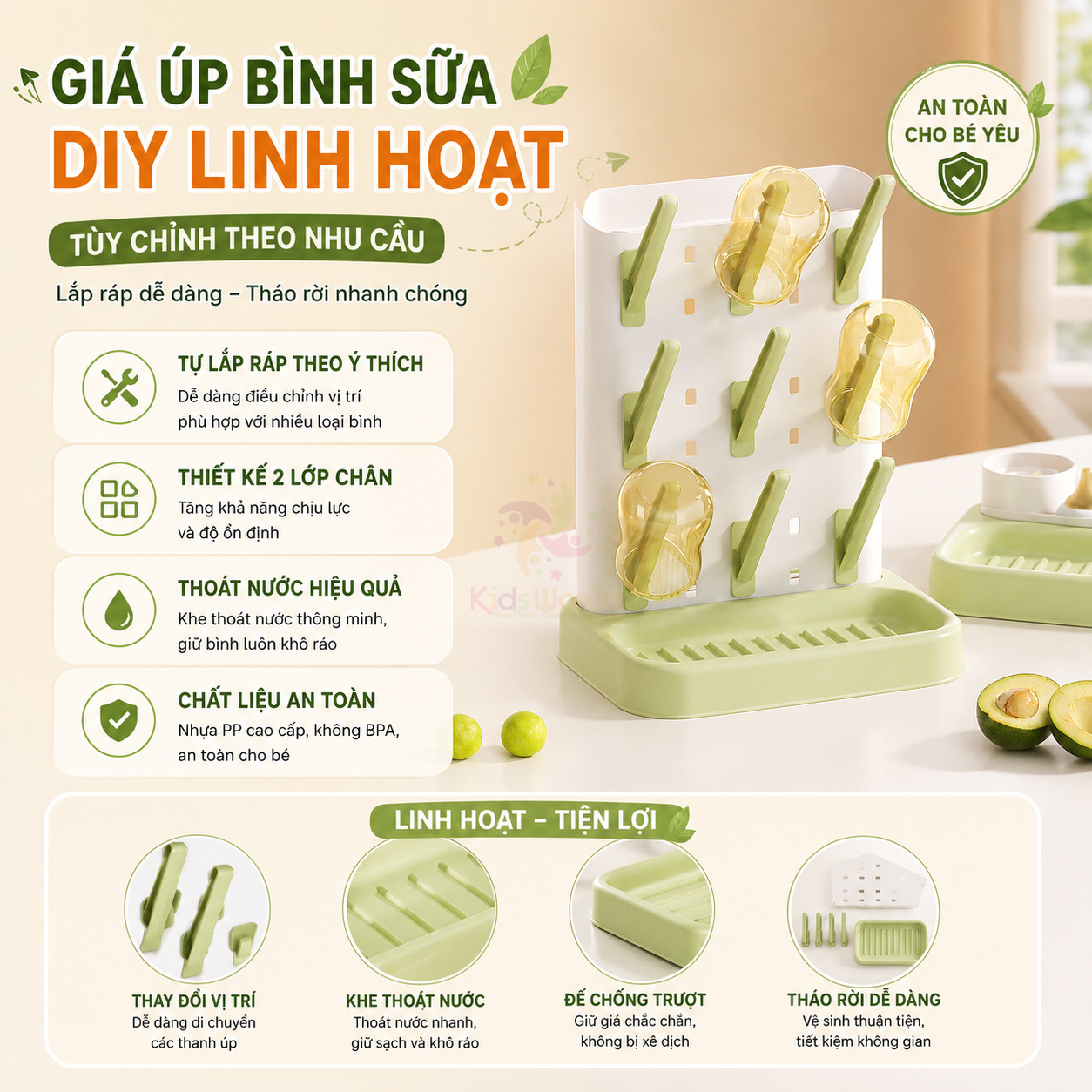Giá úp bình sữa có nắp đậy cao cấp giá úp bình sữa đa năng, chống bụi, kháng khuẩn, an toàn cho bé