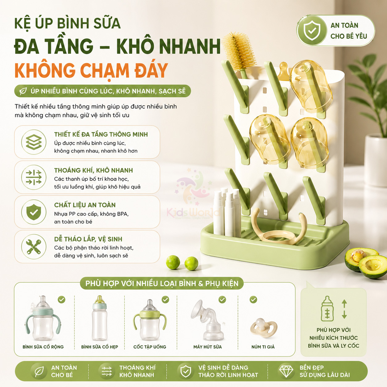 Giá úp bình sữa có nắp đậy cao cấp giá úp bình sữa đa năng, chống bụi, kháng khuẩn, an toàn cho bé