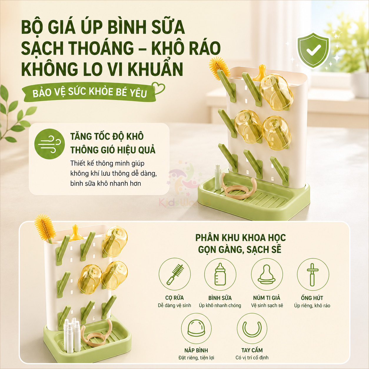 Giá úp bình sữa có nắp đậy cao cấp giá úp bình sữa đa năng, chống bụi, kháng khuẩn, an toàn cho bé