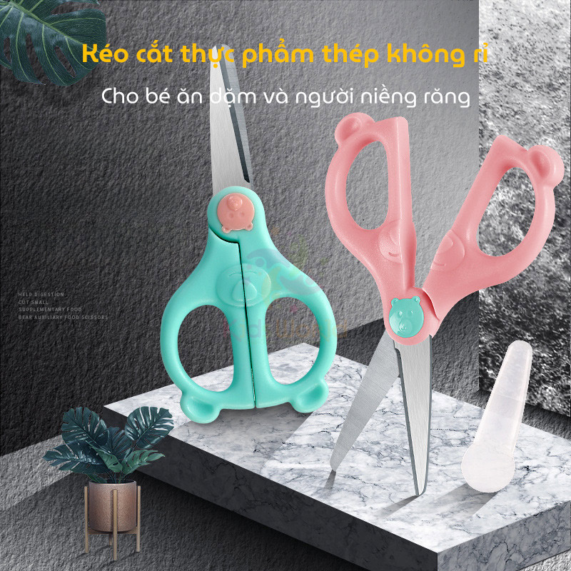 Kéo cắt thực phẩm thép không rỉ hình gấu cho bé ăn dặm và người niềng răng tiện lợi