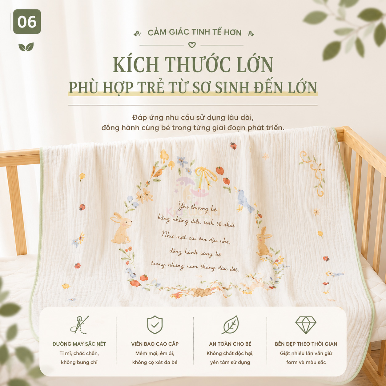 Khăn tắm sợi tre 6 lớp 110x110cm Bamboo Cotton khăn xô cao cấp chăn đắp cho bé sơ sinh mềm mại êm ái