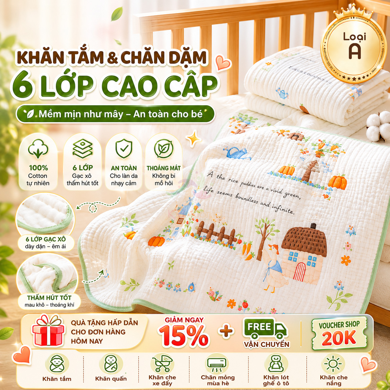 Khăn tắm sợi tre 6 lớp 110x110cm Bamboo Cotton khăn xô cao cấp chăn đắp cho bé sơ sinh mềm mại êm ái