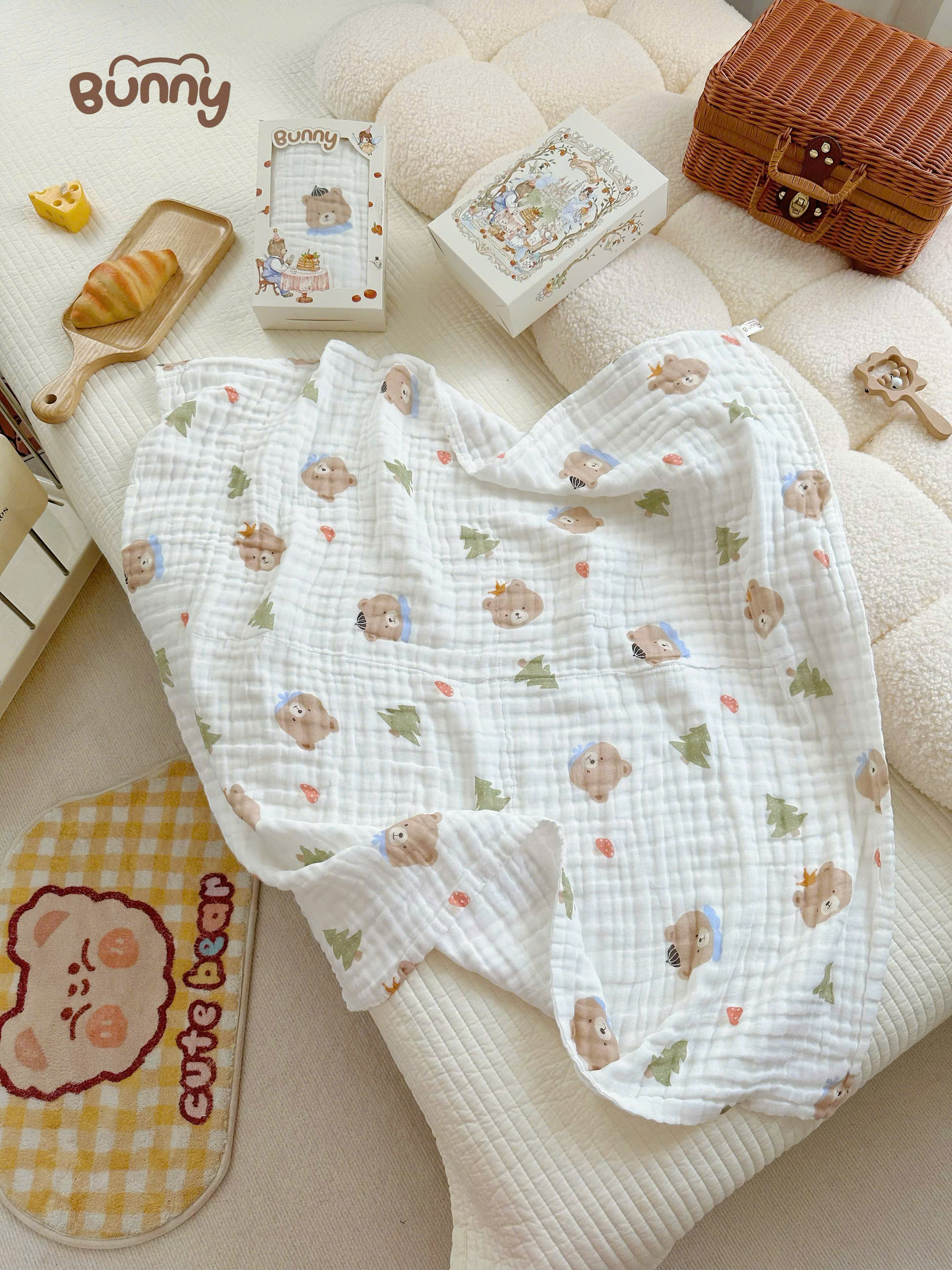 Khăn tắm cho bé Bunny phiên bản cổ tích vải xô mềm mịn, thấm hút tốt, giặt nhanh khô, càng giặt càng mềm an toàn tuyệt đối cho da bé