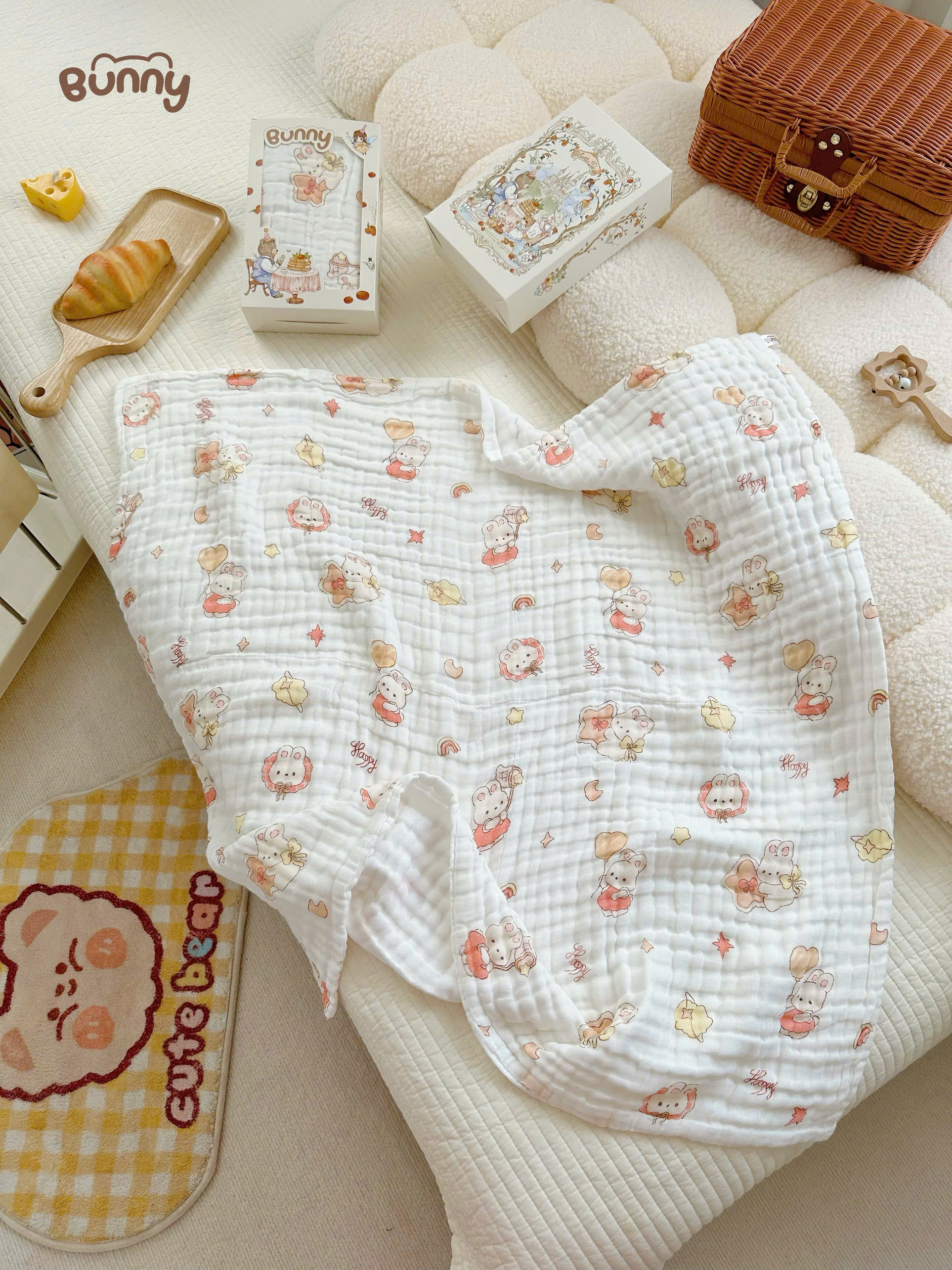 Khăn tắm cho bé Bunny phiên bản cổ tích vải xô mềm mịn, thấm hút tốt, giặt nhanh khô, càng giặt càng mềm an toàn tuyệt đối cho da bé