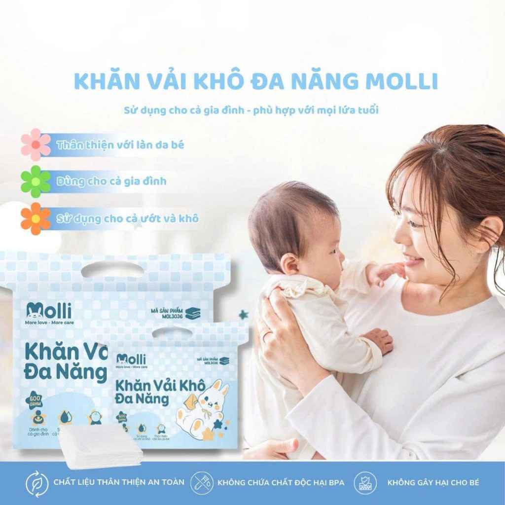Khăn vải khô đa năng Molli dành cho mẹ và bé, thấm hút , mềm mại, an toàn không xù lông
