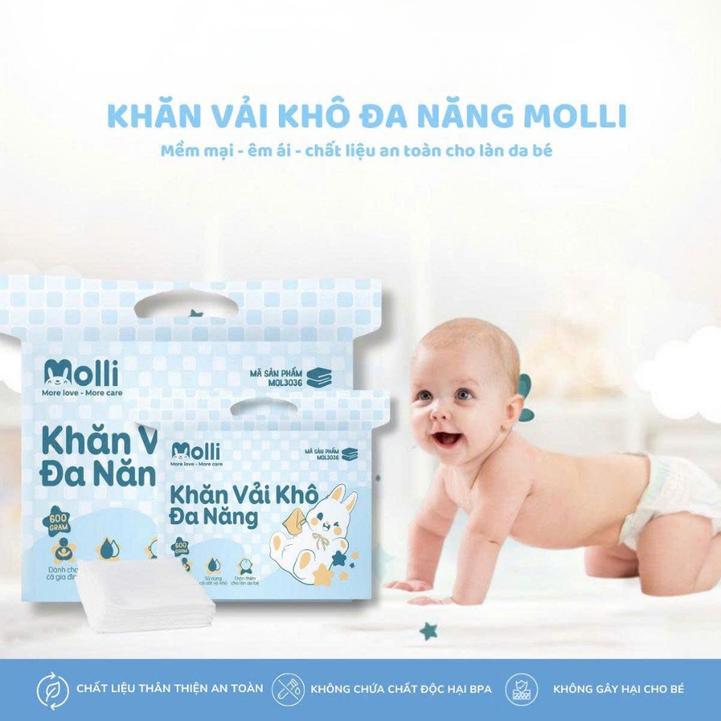 Khăn vải khô đa năng Molli dành cho mẹ và bé, thấm hút , mềm mại, an toàn không xù lông