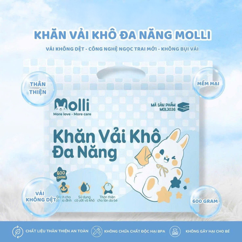 Khăn vải khô đa năng Molli dành cho mẹ và bé, thấm hút , mềm mại, an toàn không xù lông
