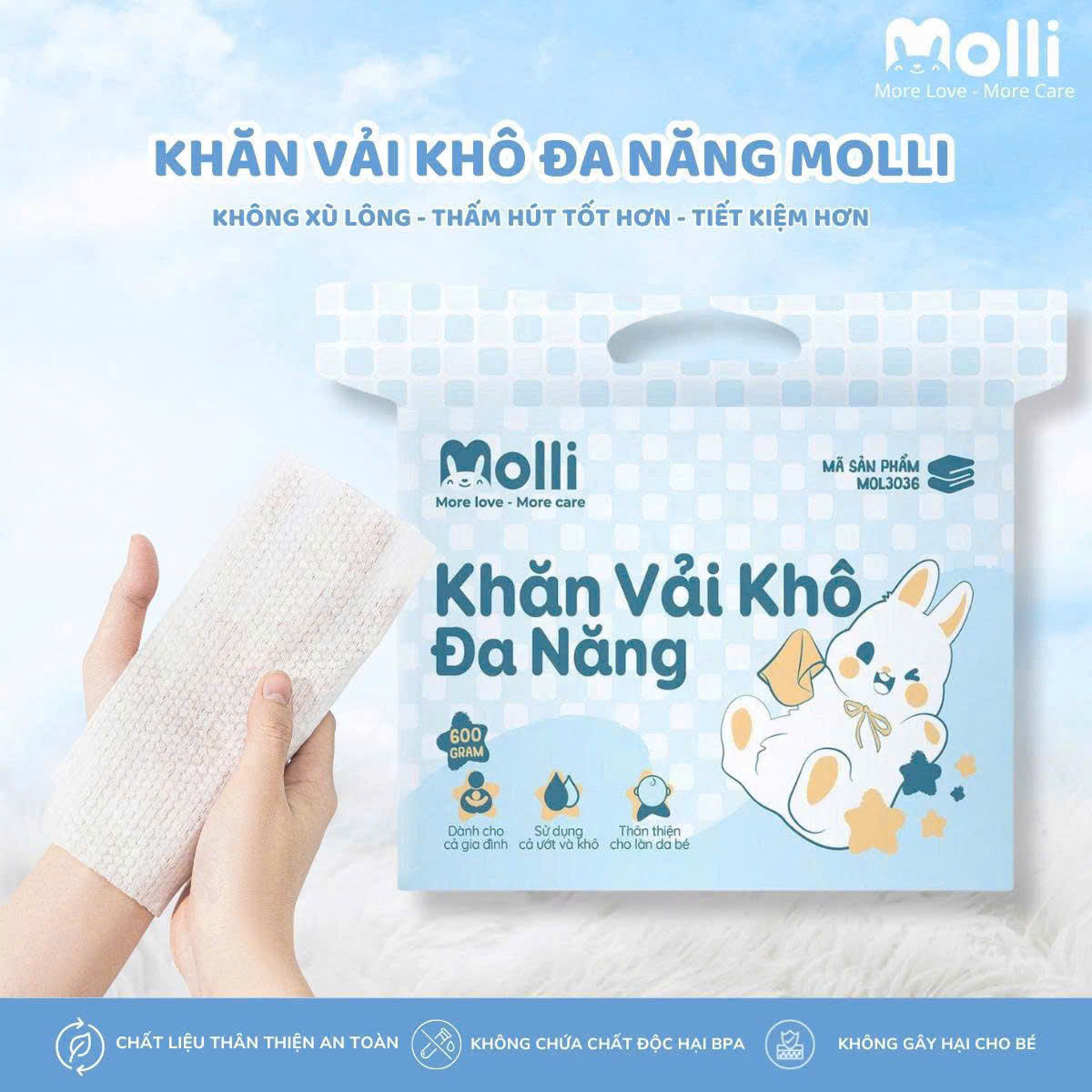 Khăn vải khô đa năng Molli dành cho mẹ và bé, thấm hút , mềm mại, an toàn không xù lông