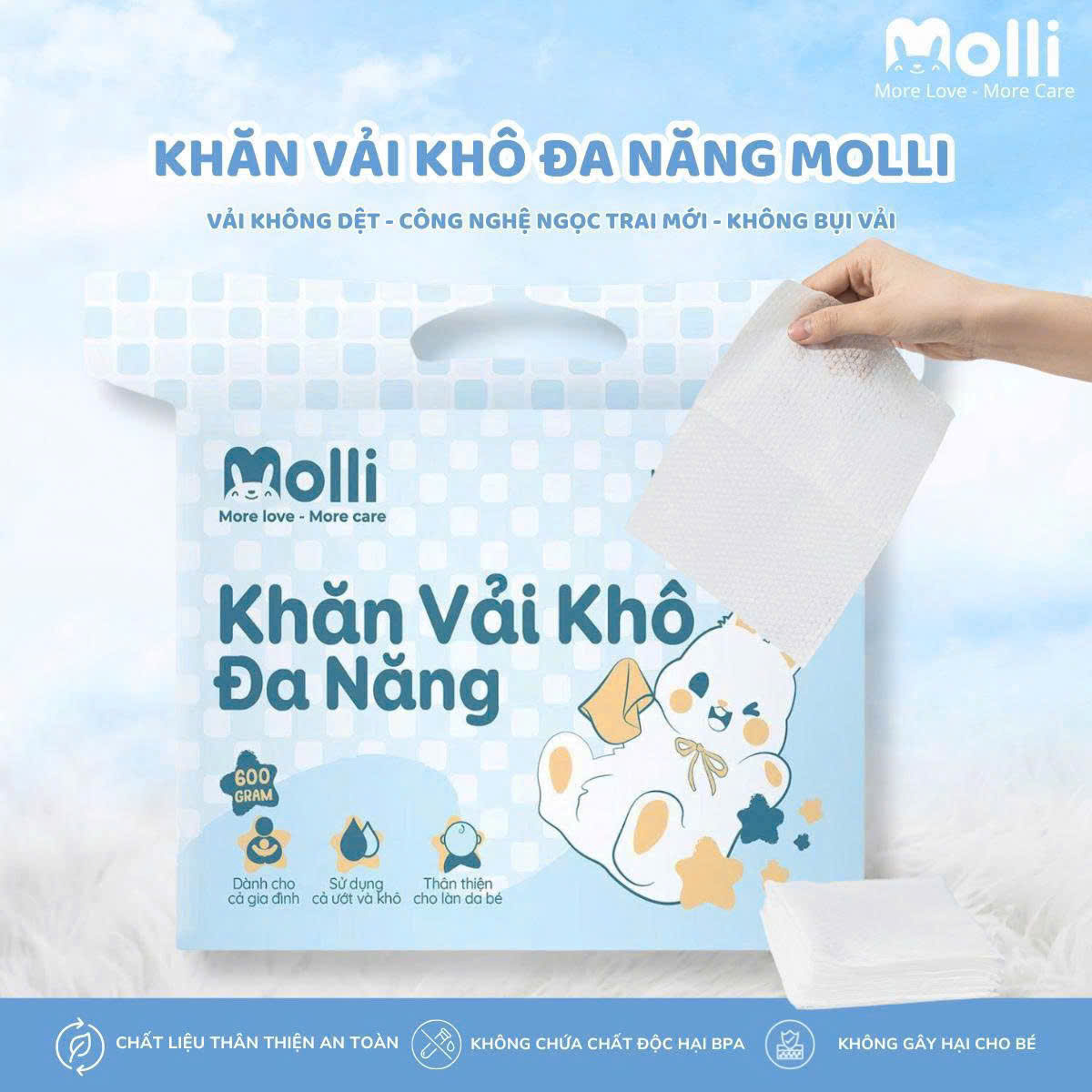 Khăn vải khô đa năng Molli dành cho mẹ và bé, thấm hút , mềm mại, an toàn không xù lông