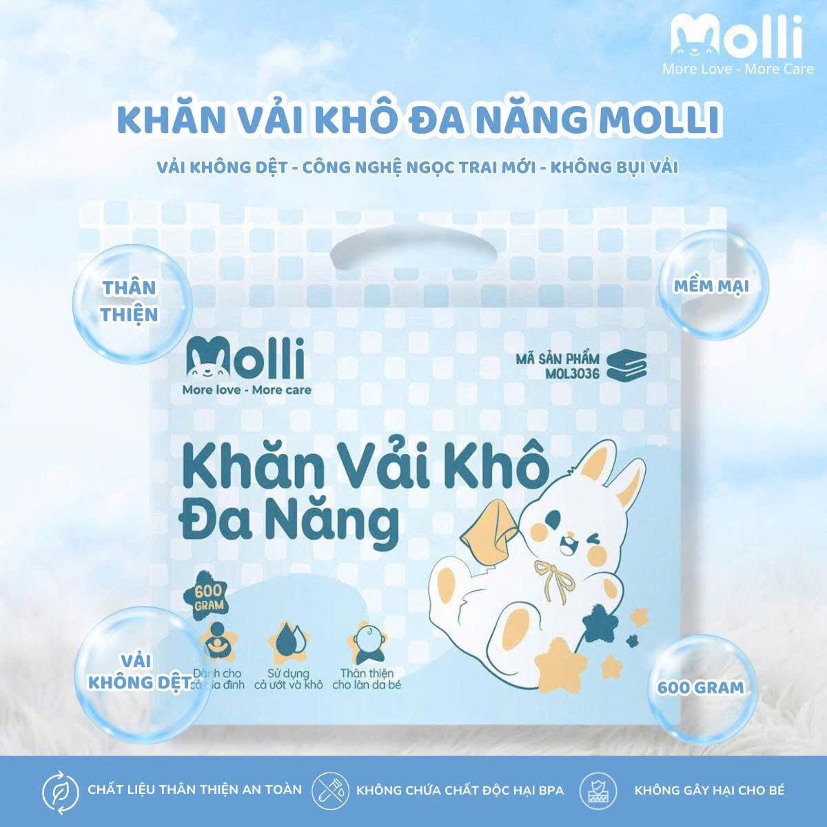 Khăn vải khô đa năng Molli dành cho mẹ và bé, thấm hút , mềm mại, an toàn không xù lông