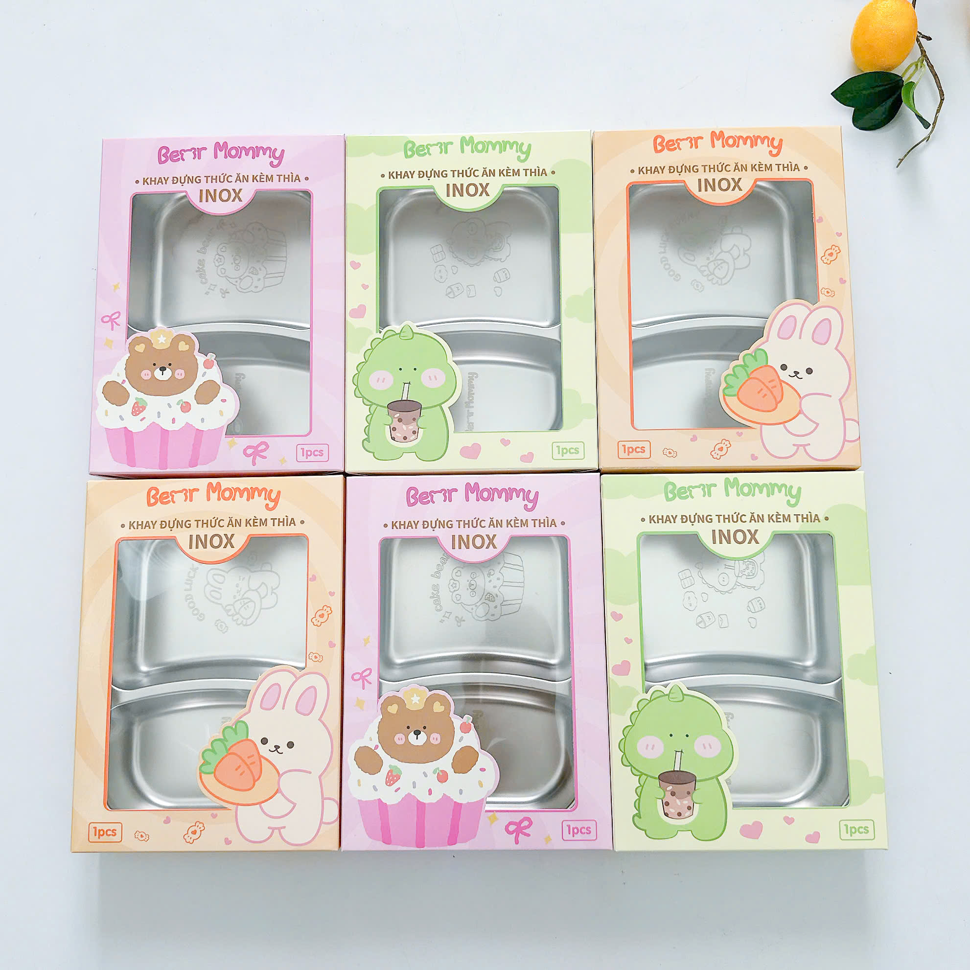 Khay đựng thức ăn 2 ngăn hình thú inox 316 kèm thìa cho bé Bear Mommy