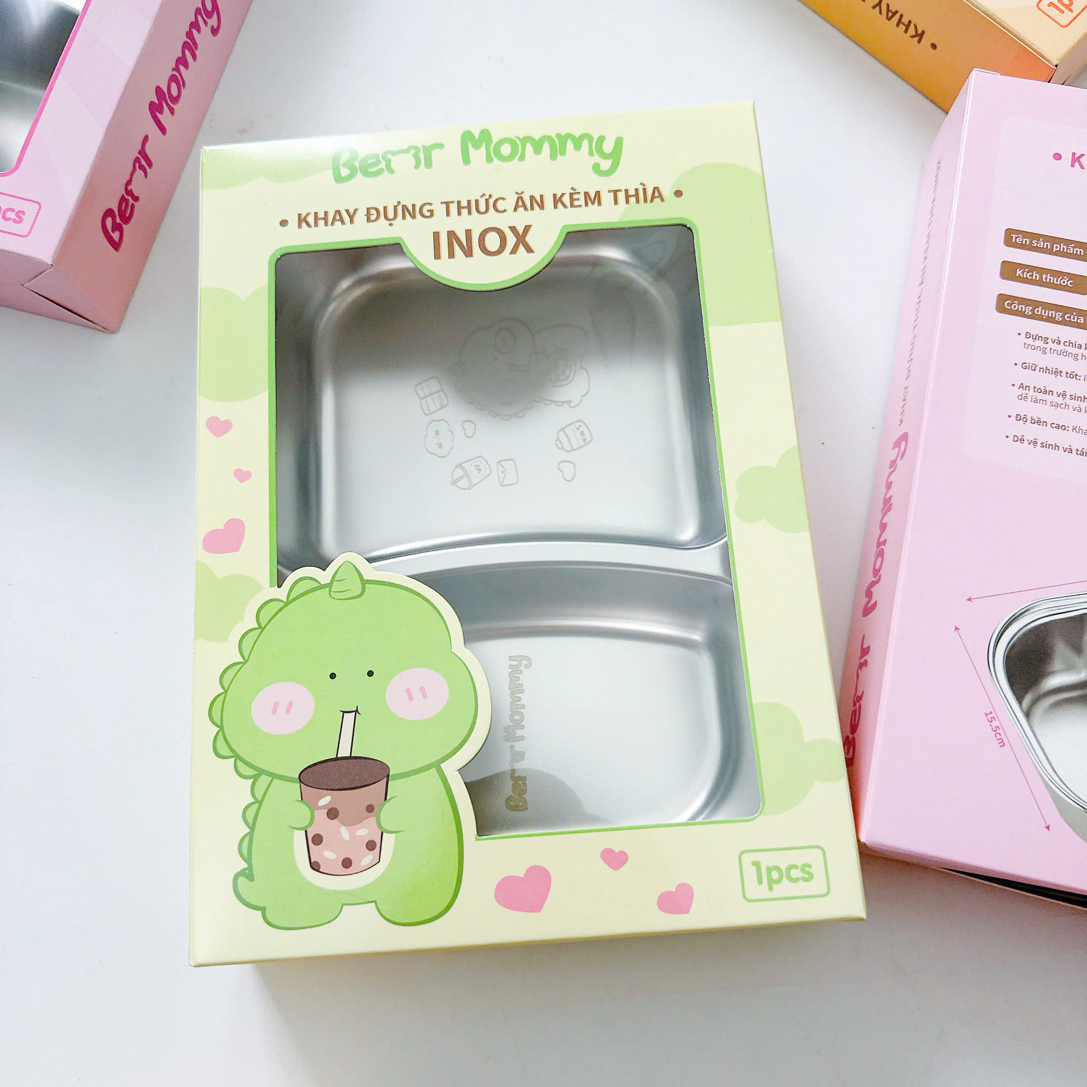 Khay đựng thức ăn 2 ngăn hình thú inox 316 kèm thìa cho bé Bear Mommy