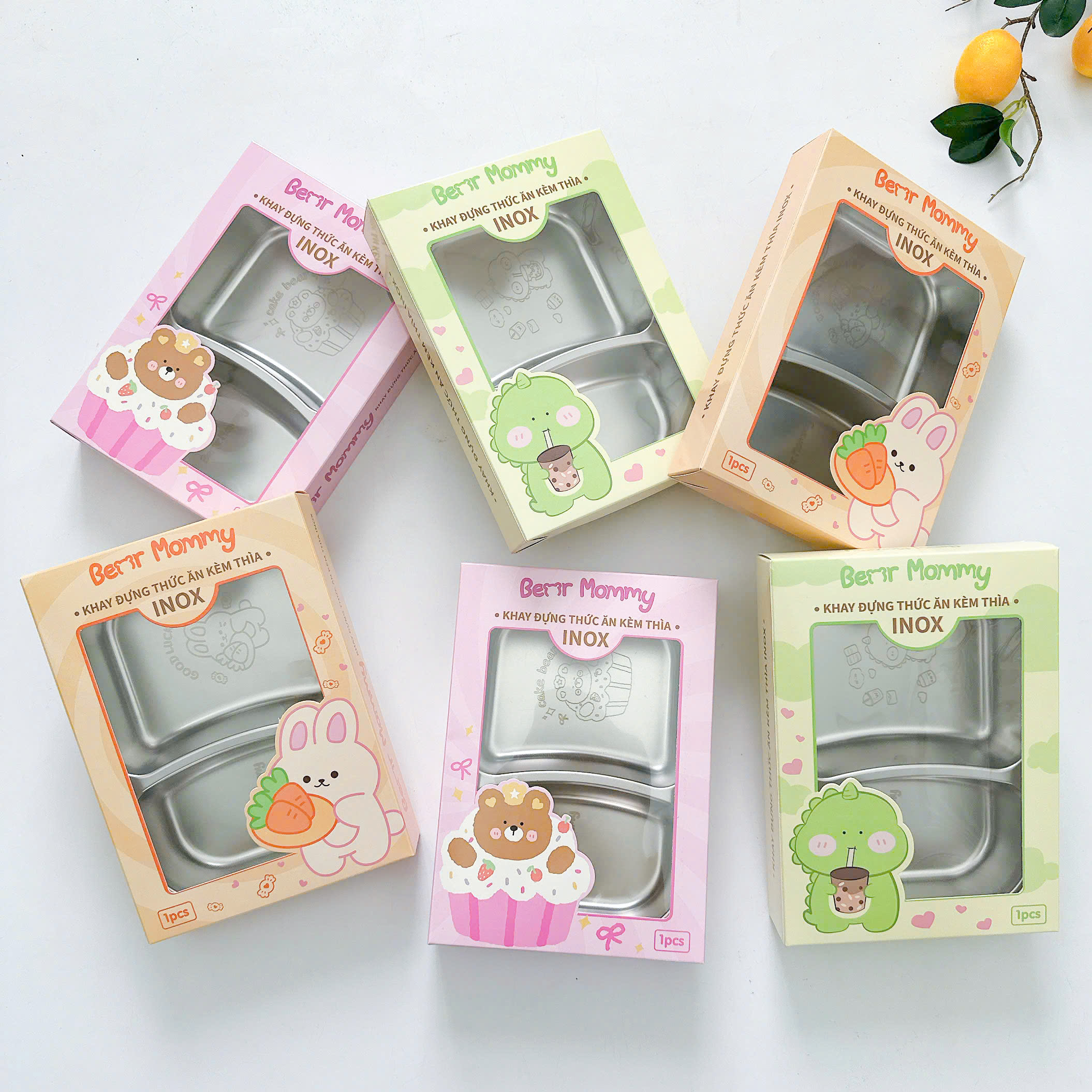 Khay đựng thức ăn 2 ngăn hình thú inox 316 kèm thìa cho bé Bear Mommy