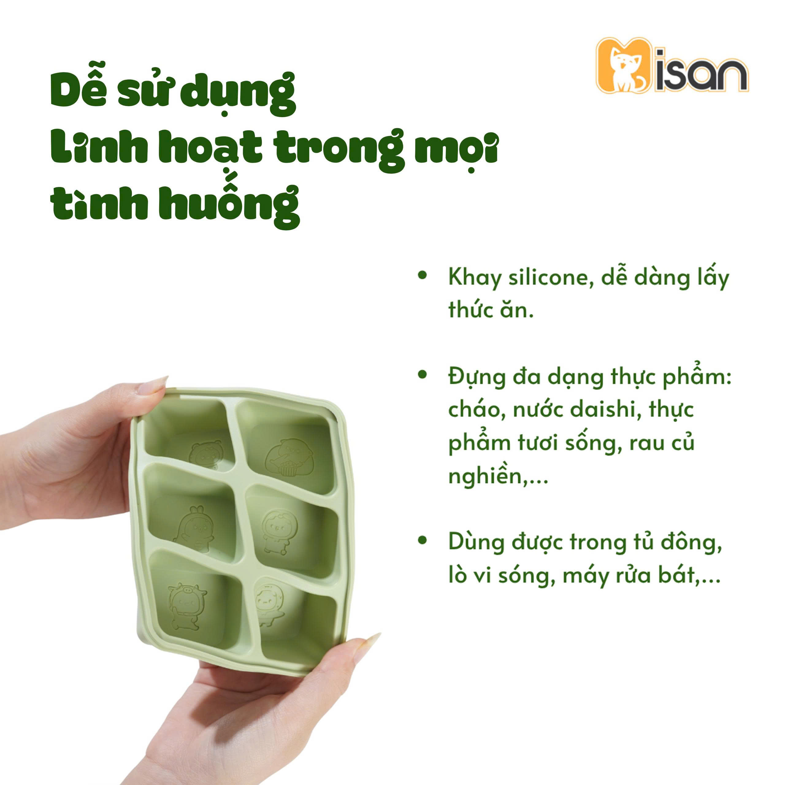 Khay trữ đông trữ đồ ăn dặm silicon Misan 6 ô hình động vật đáng yêu cao cấp có nắp đậy đựng nước dashi rau củ đồ ăn cho bé