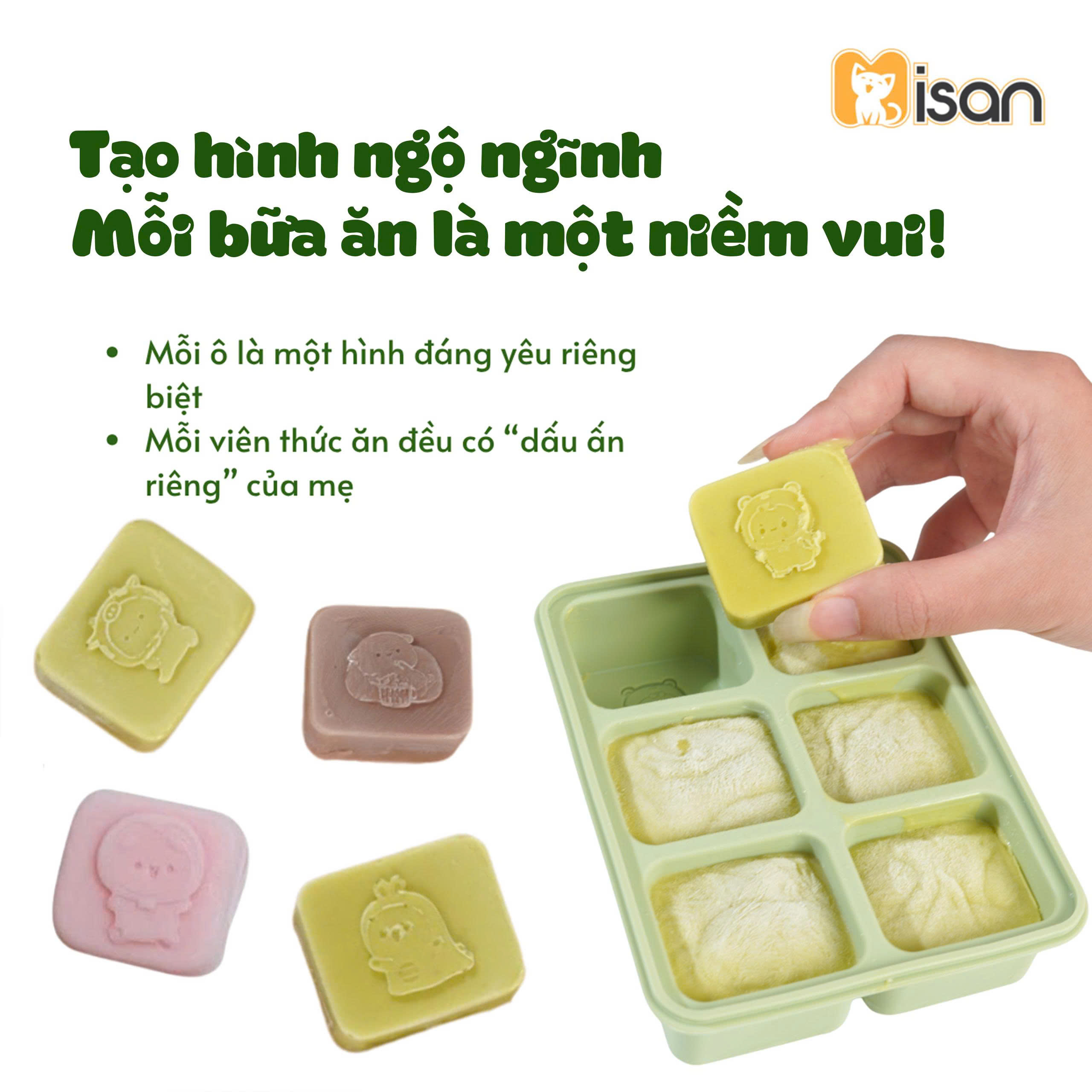 Khay trữ đông trữ đồ ăn dặm silicon Misan 6 ô hình động vật đáng yêu cao cấp có nắp đậy đựng nước dashi rau củ đồ ăn cho bé