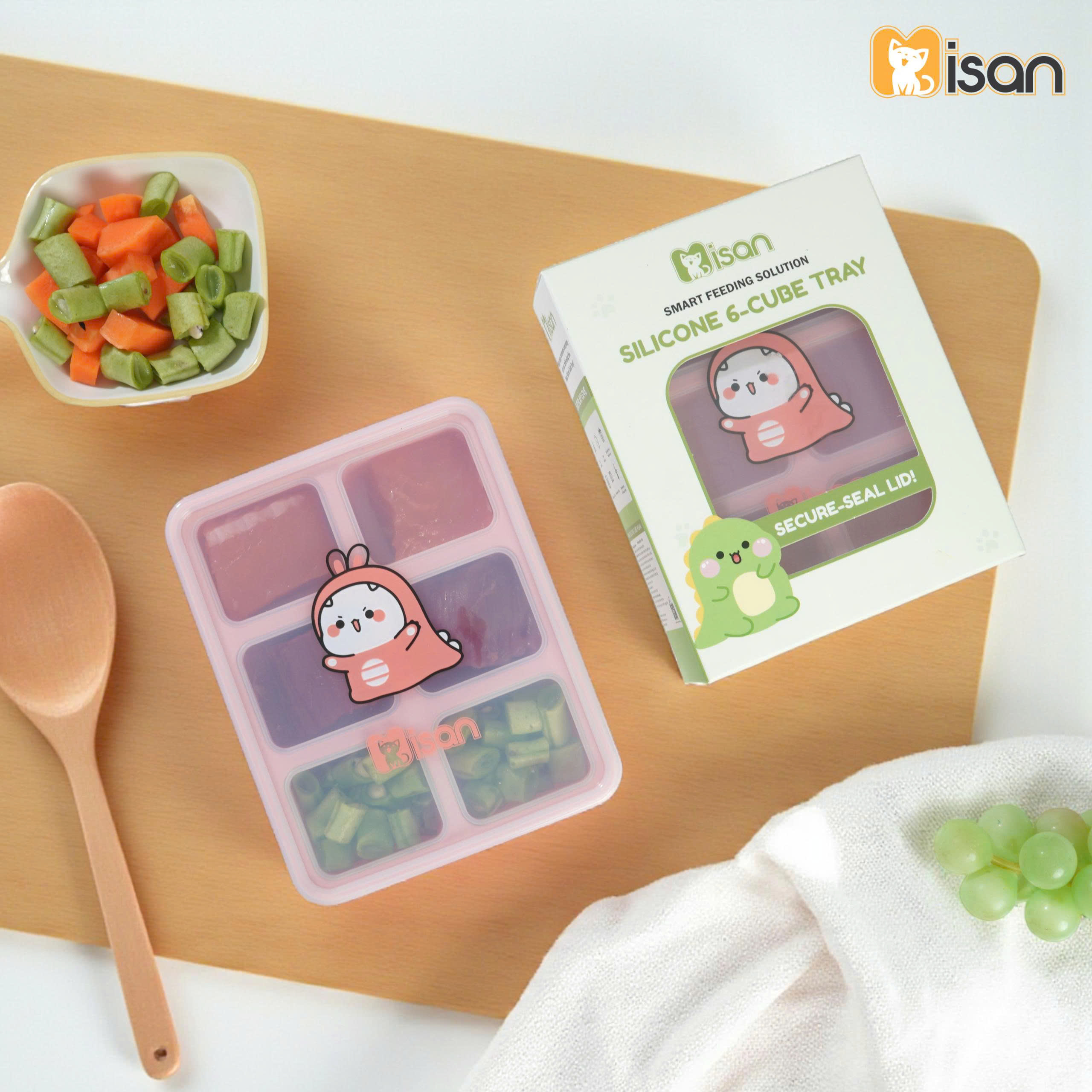 Khay trữ đông trữ đồ ăn dặm silicon Misan 6 ô hình động vật đáng yêu cao cấp có nắp đậy đựng nước dashi rau củ đồ ăn cho bé