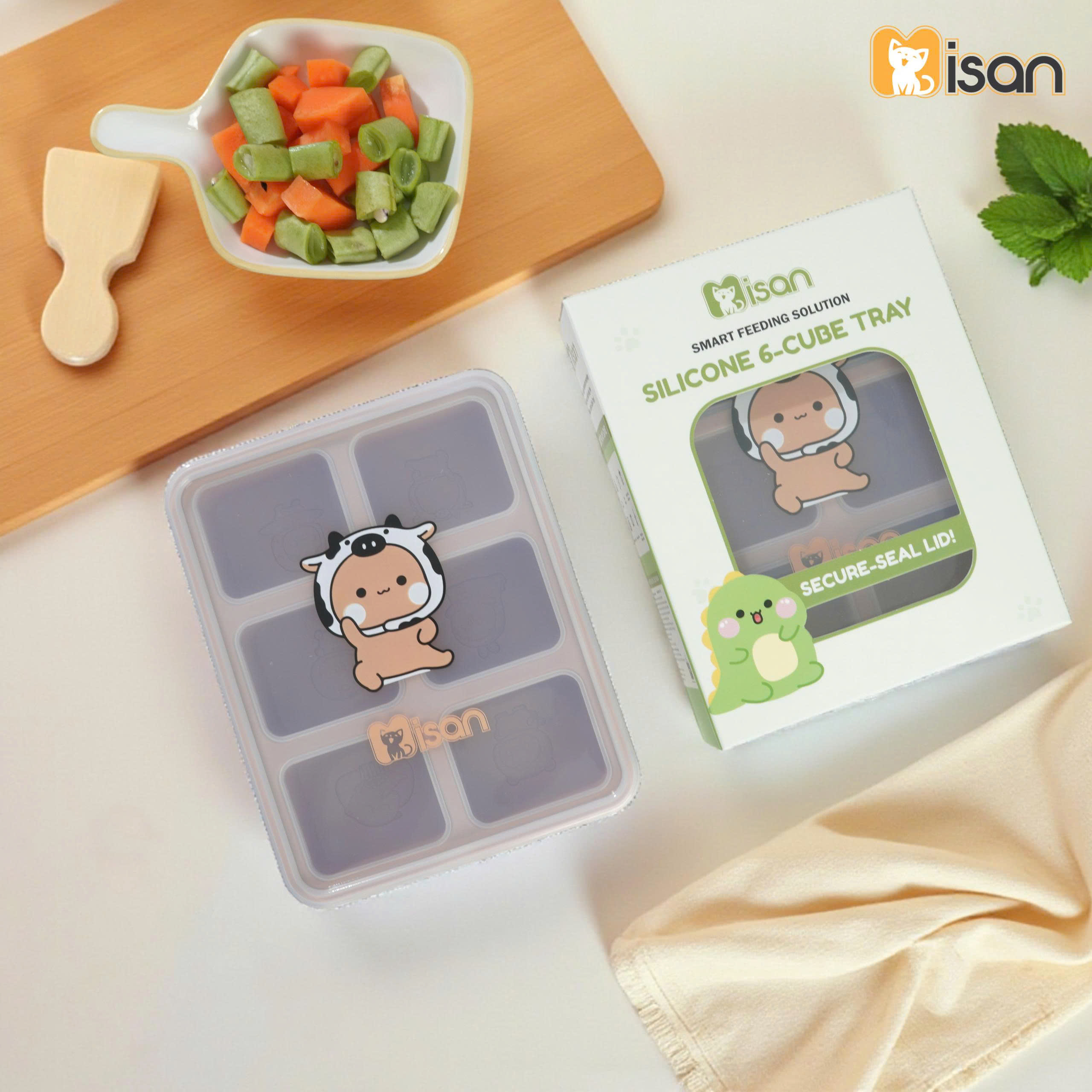 Khay trữ đông trữ đồ ăn dặm silicon Misan 6 ô hình động vật đáng yêu cao cấp có nắp đậy đựng nước dashi rau củ đồ ăn cho bé
