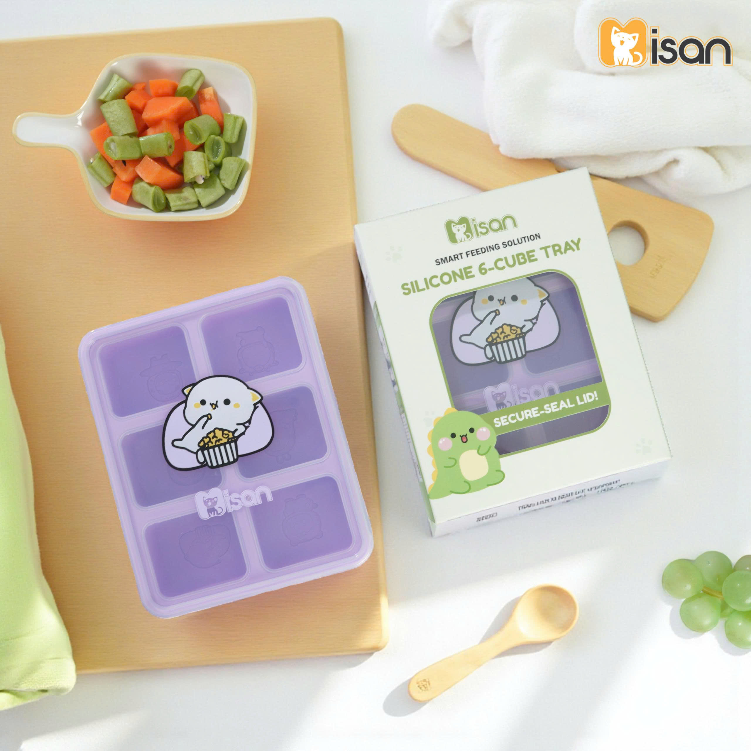 Khay trữ đông trữ đồ ăn dặm silicon Misan 6 ô hình động vật đáng yêu cao cấp có nắp đậy đựng nước dashi rau củ đồ ăn cho bé