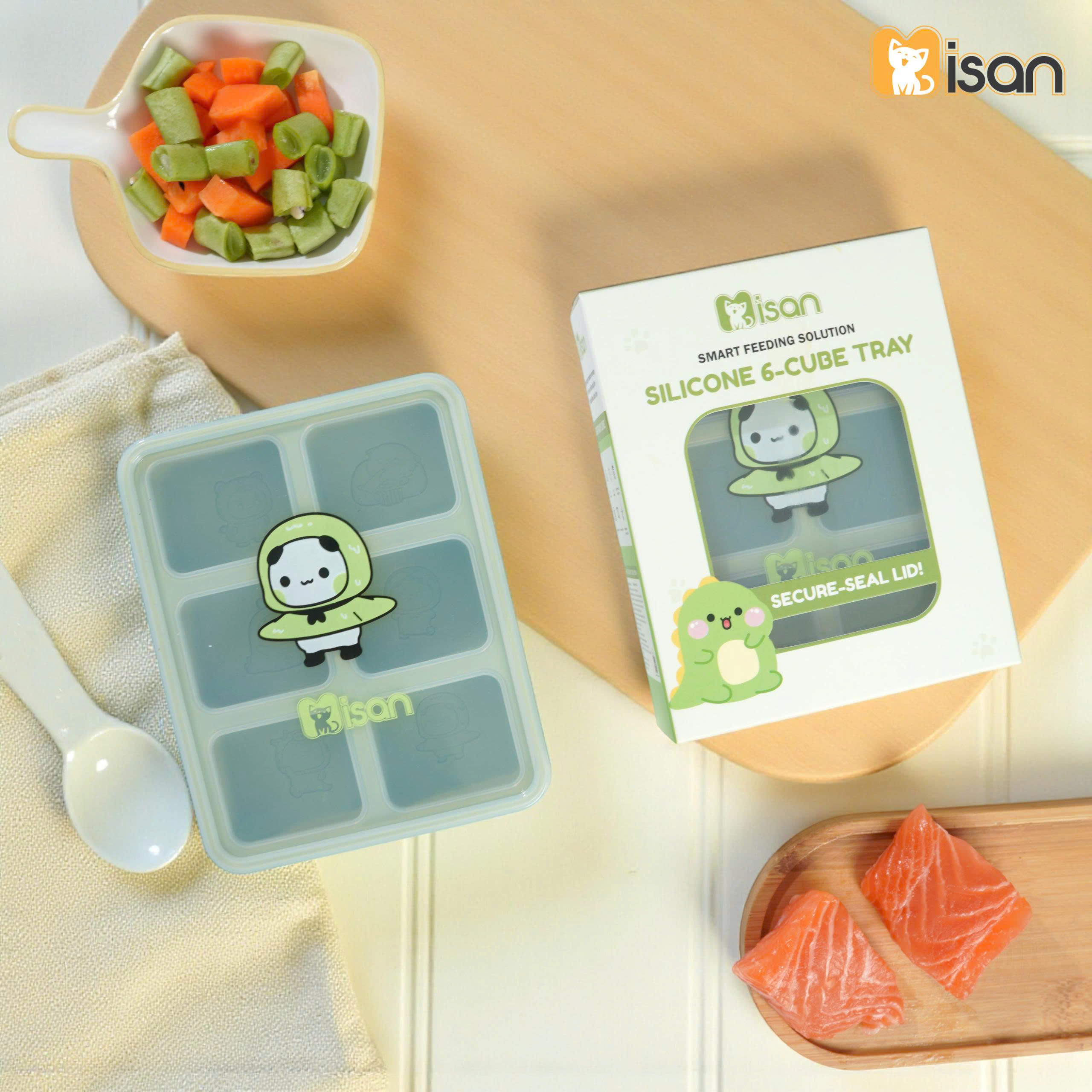 Khay trữ đông trữ đồ ăn dặm silicon Misan 6 ô hình động vật đáng yêu cao cấp có nắp đậy đựng nước dashi rau củ đồ ăn cho bé