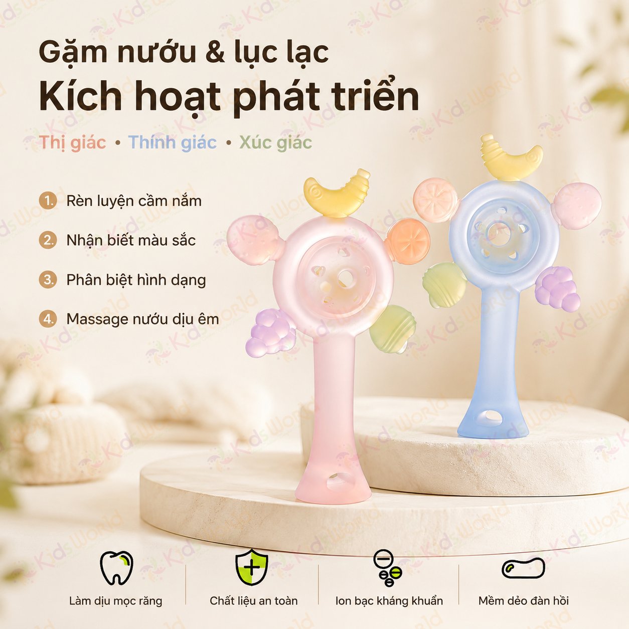 Lục lạc gặm nướu vòng quay trái cây cho bé 0–12 tháng silicone mềm giúp phát triển giác quan, massage nướu mọc răng cho trẻ sơ sinh