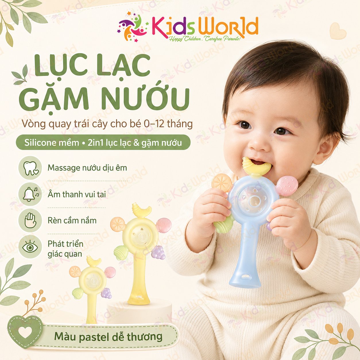 Lục lạc gặm nướu vòng quay trái cây cho bé 0–12 tháng silicone mềm giúp phát triển giác quan, massage nướu mọc răng cho trẻ sơ sinh