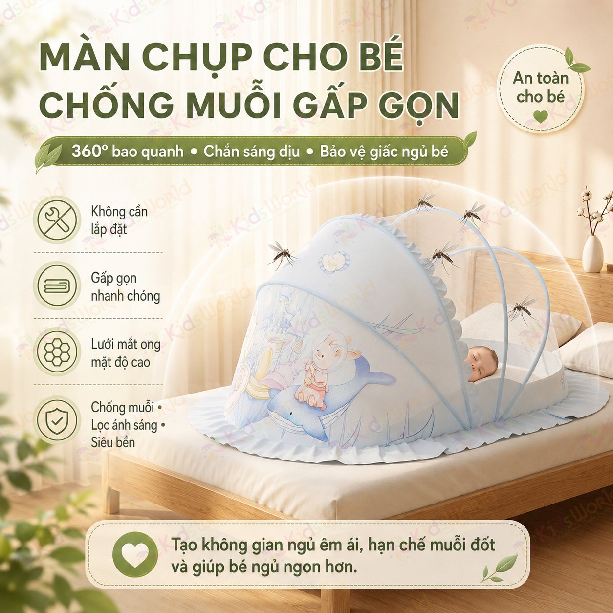 Màn chụp cho bé chống muỗi gấp gọn phiên bản cổ tích, lưới mắt ong mật độ cao, chống muỗi 360°, chắn sáng dịu nhẹ, khung bền chắc, dễ mang theo