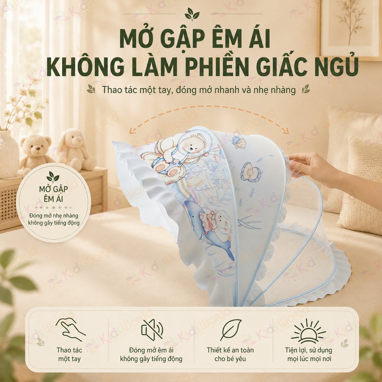 Màn chụp cho bé chống muỗi gấp gọn phiên bản cổ tích, lưới mắt ong mật độ cao, chống muỗi 360°, chắn sáng dịu nhẹ, khung bền chắc, dễ mang theo