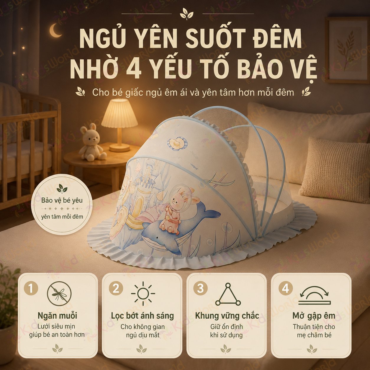 Màn chụp cho bé chống muỗi gấp gọn phiên bản cổ tích, lưới mắt ong mật độ cao, chống muỗi 360°, chắn sáng dịu nhẹ, khung bền chắc, dễ mang theo