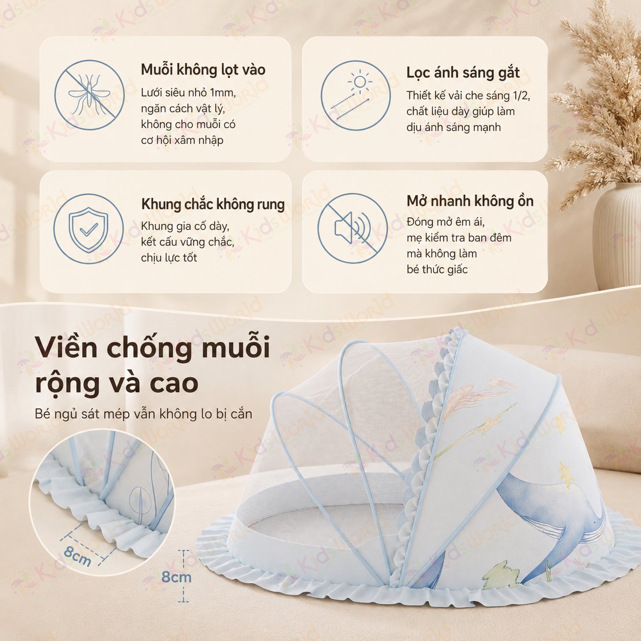 Màn chụp cho bé chống muỗi gấp gọn phiên bản cổ tích, lưới mắt ong mật độ cao, chống muỗi 360°, chắn sáng dịu nhẹ, khung bền chắc, dễ mang theo