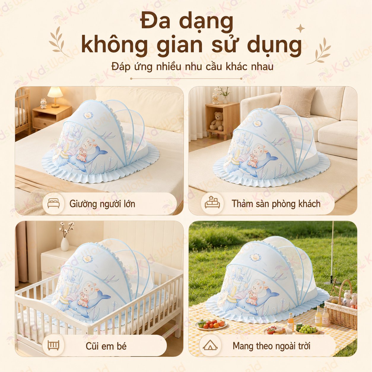 Màn chụp cho bé chống muỗi gấp gọn phiên bản cổ tích, lưới mắt ong mật độ cao, chống muỗi 360°, chắn sáng dịu nhẹ, khung bền chắc, dễ mang theo