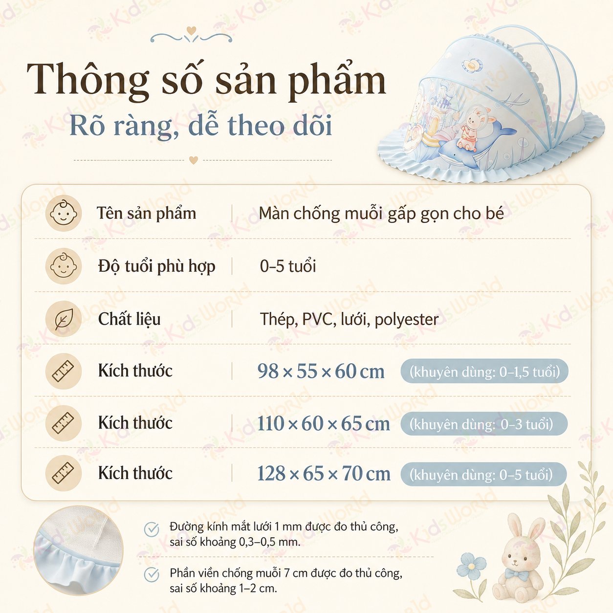 Màn chụp cho bé chống muỗi gấp gọn phiên bản cổ tích, lưới mắt ong mật độ cao, chống muỗi 360°, chắn sáng dịu nhẹ, khung bền chắc, dễ mang theo