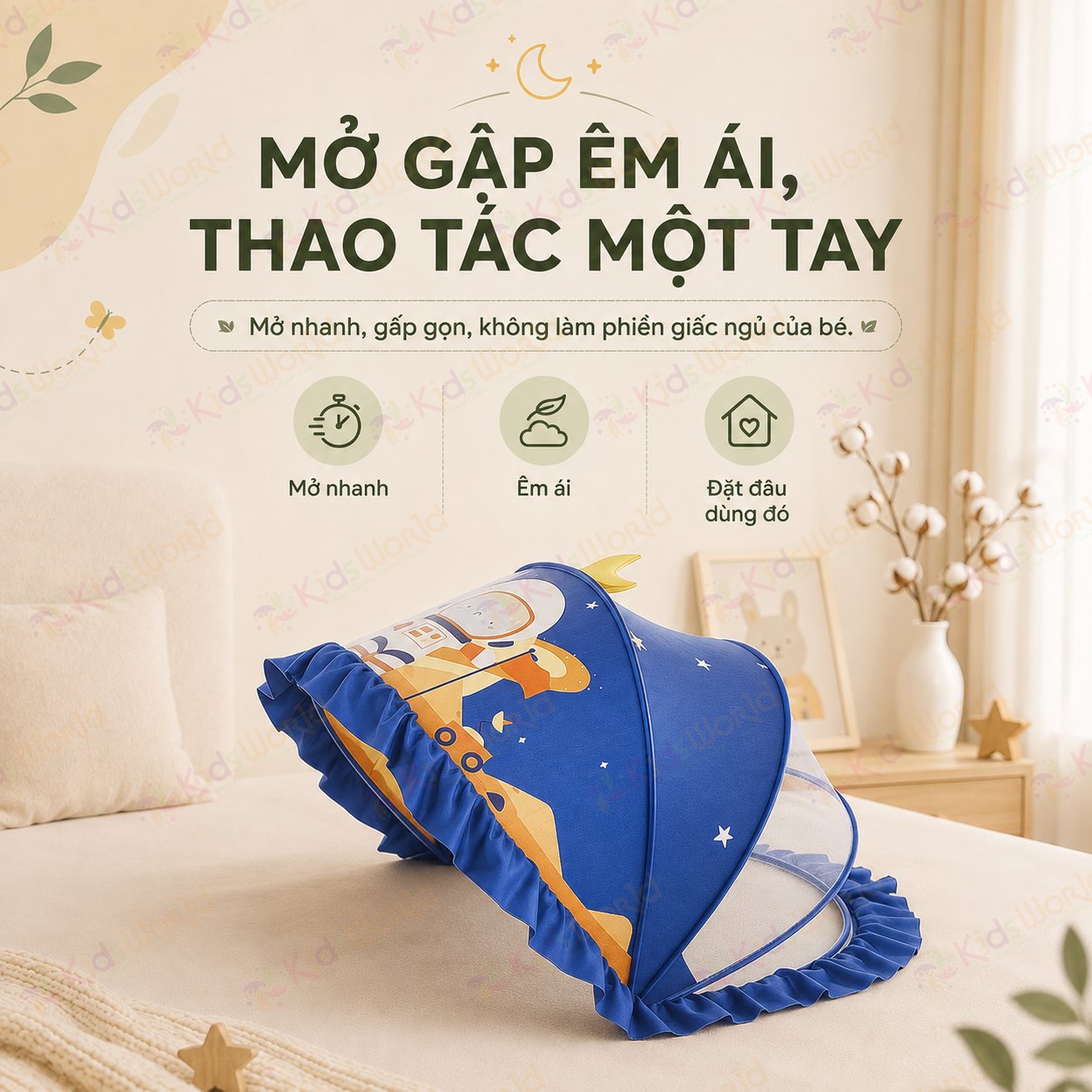 Màn chụp cho bé tự bung chống muỗi gấp gọn tiện lợi, họa tiết hoạt hình dễ thương, thiết kế chắn sáng, lưới mịn thoáng khí, dùng cho giường nôi cũi