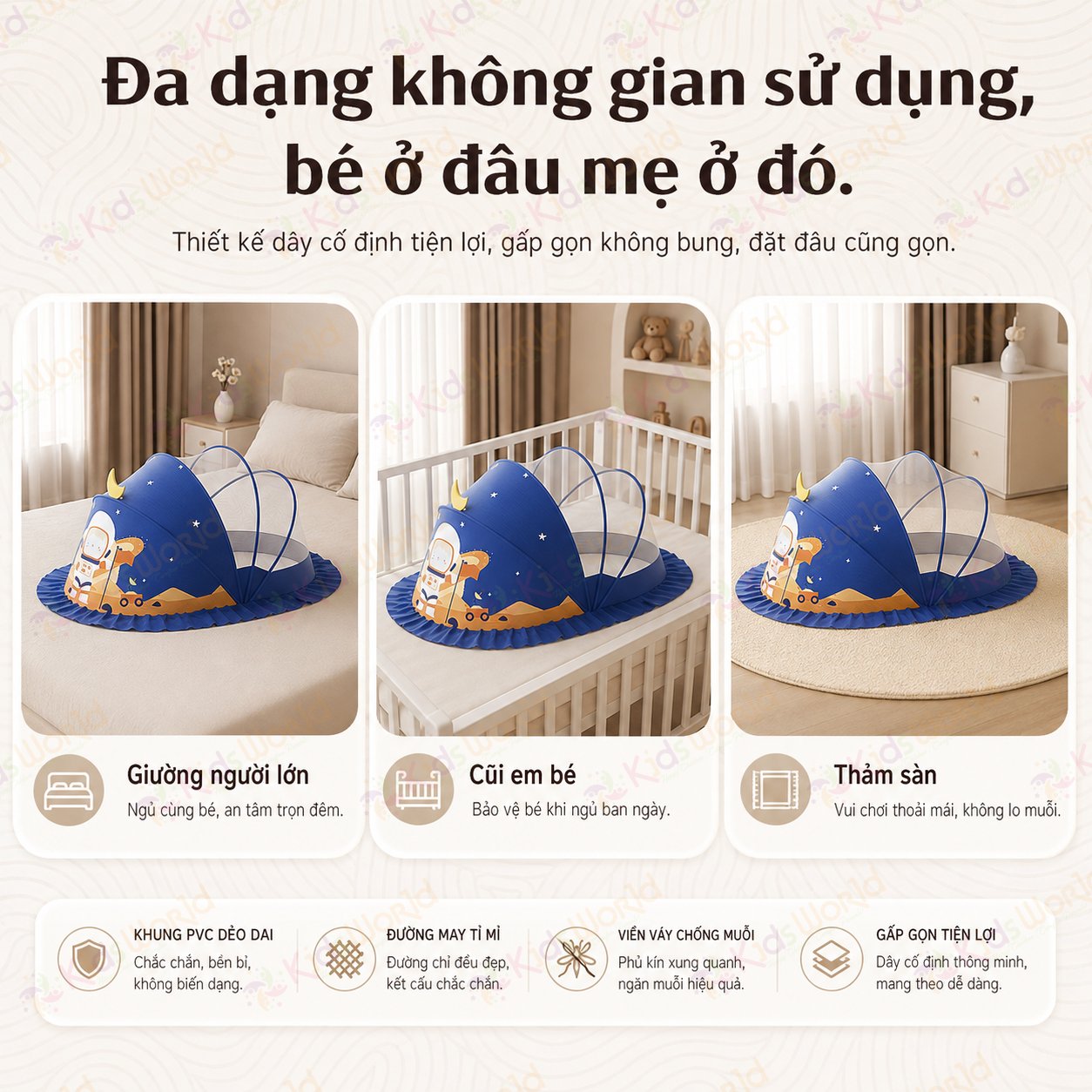 Màn chụp cho bé tự bung chống muỗi gấp gọn tiện lợi, họa tiết hoạt hình dễ thương, thiết kế chắn sáng, lưới mịn thoáng khí, dùng cho giường nôi cũi