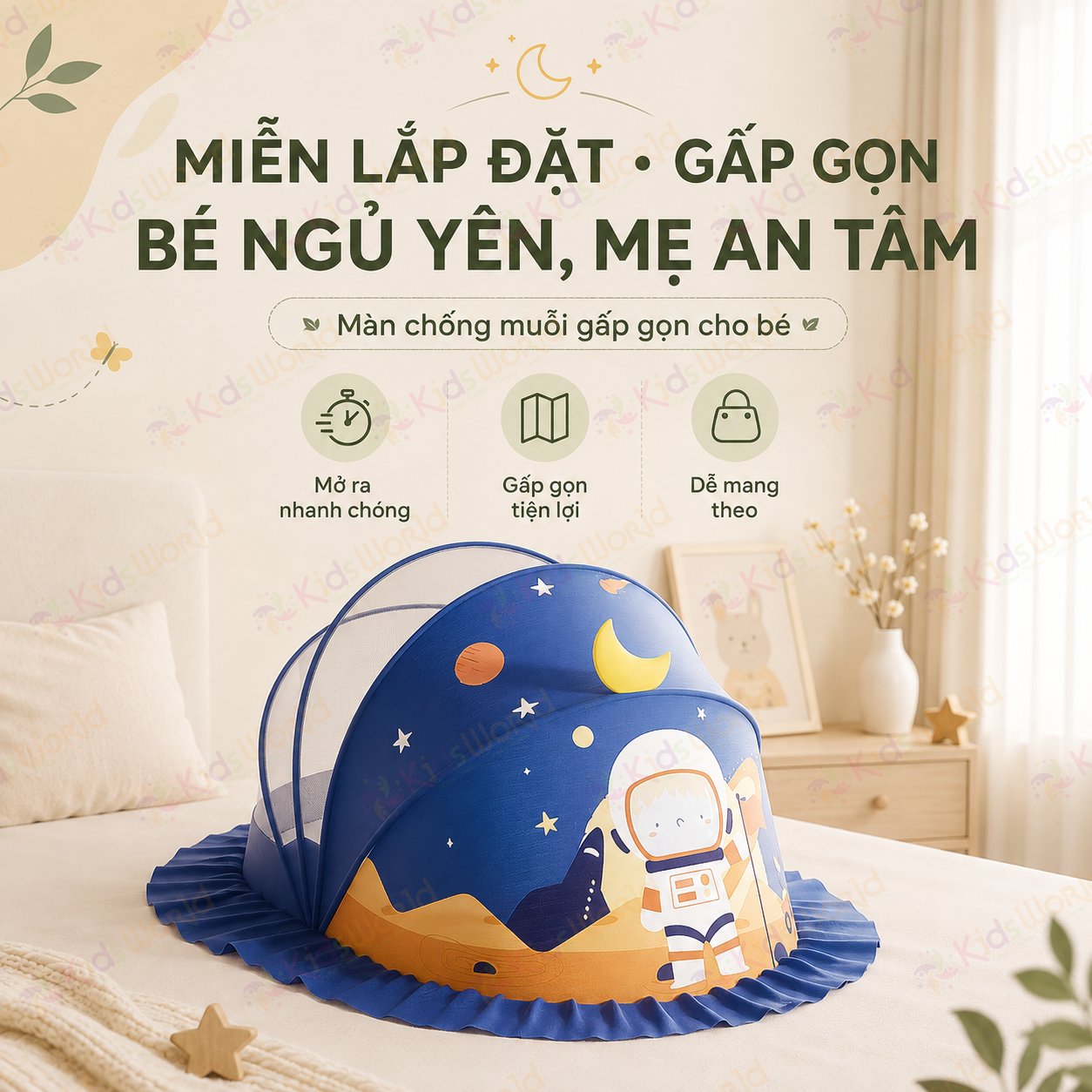 Màn chụp cho bé tự bung chống muỗi gấp gọn tiện lợi, họa tiết hoạt hình dễ thương, thiết kế chắn sáng, lưới mịn thoáng khí, dùng cho giường nôi cũi