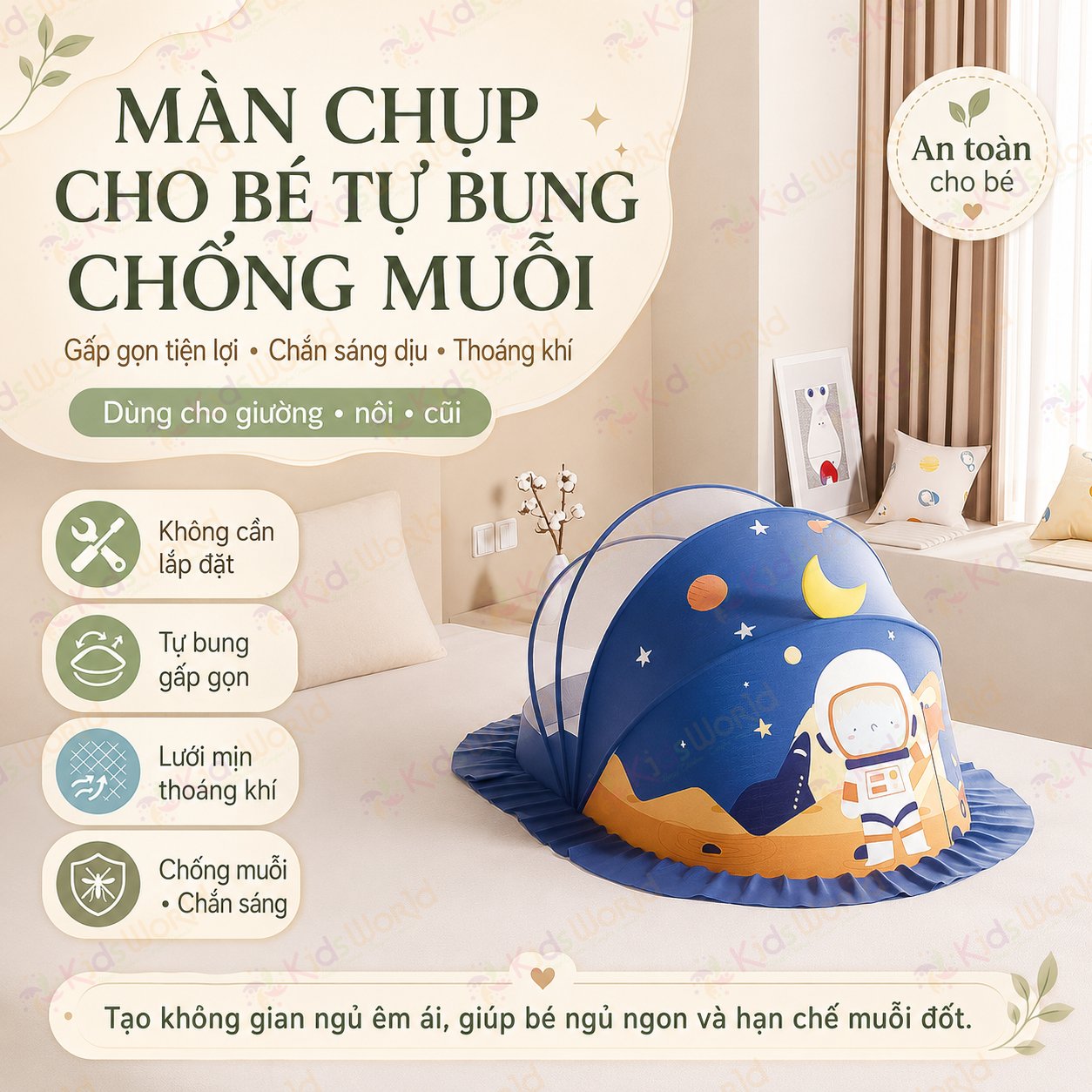 Màn chụp cho bé tự bung chống muỗi gấp gọn tiện lợi, họa tiết hoạt hình dễ thương, thiết kế chắn sáng, lưới mịn thoáng khí, dùng cho giường nôi cũi