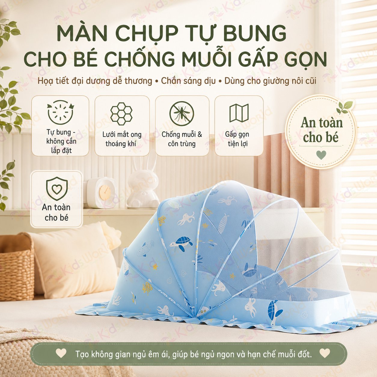 Màn chụp tự bung cho bé gấp gọn chống muỗi côn trùng, họa tiết động vật đại dương dễ thương, lưới mắt ong thoáng khí, thiết kế chắn sáng dùng cho giường nôi cũi