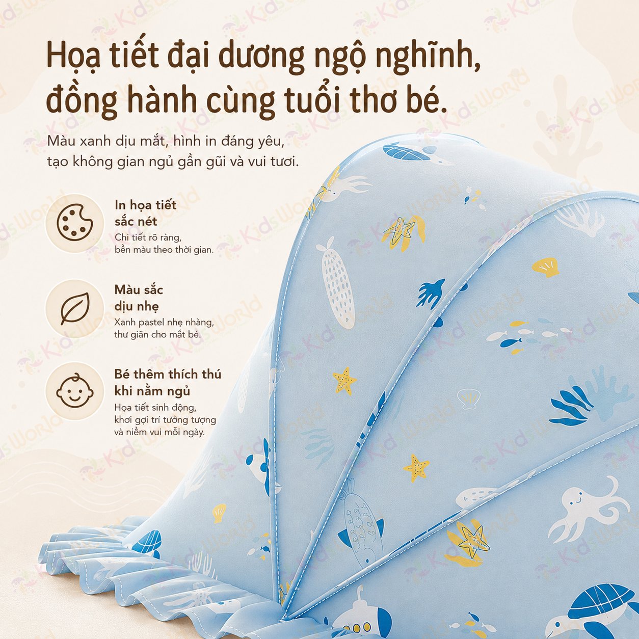 Màn chụp tự bung cho bé gấp gọn chống muỗi côn trùng, họa tiết động vật đại dương dễ thương, lưới mắt ong thoáng khí, thiết kế chắn sáng dùng cho giường nôi cũi