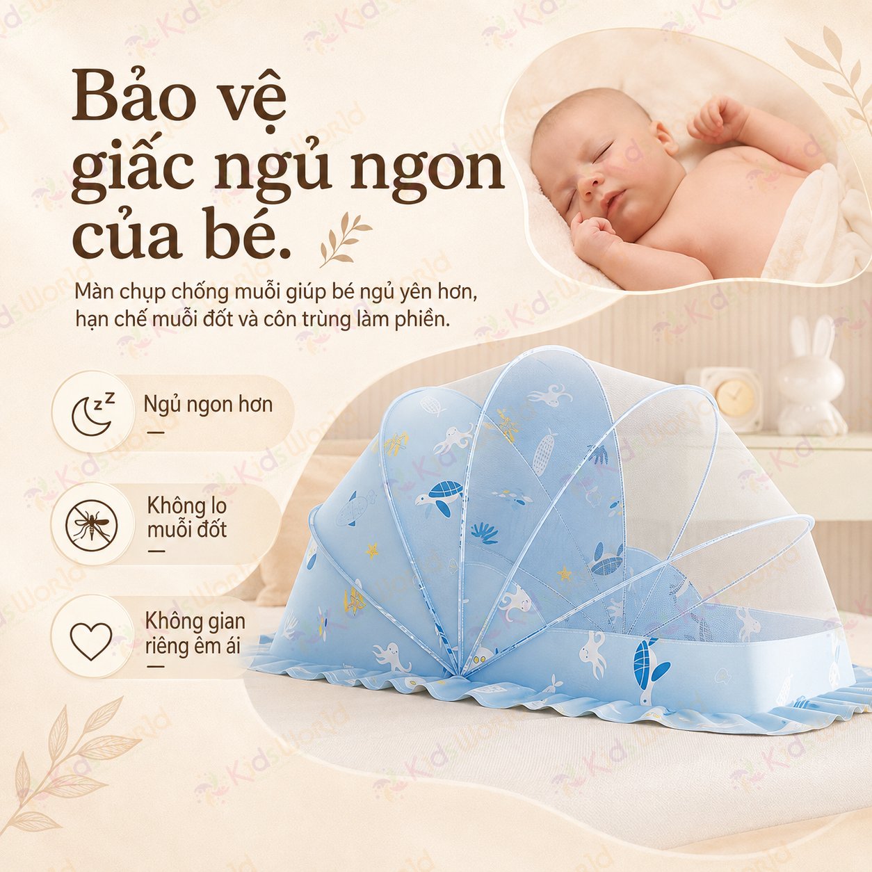 Màn chụp tự bung cho bé gấp gọn chống muỗi côn trùng, họa tiết động vật đại dương dễ thương, lưới mắt ong thoáng khí, thiết kế chắn sáng dùng cho giường nôi cũi