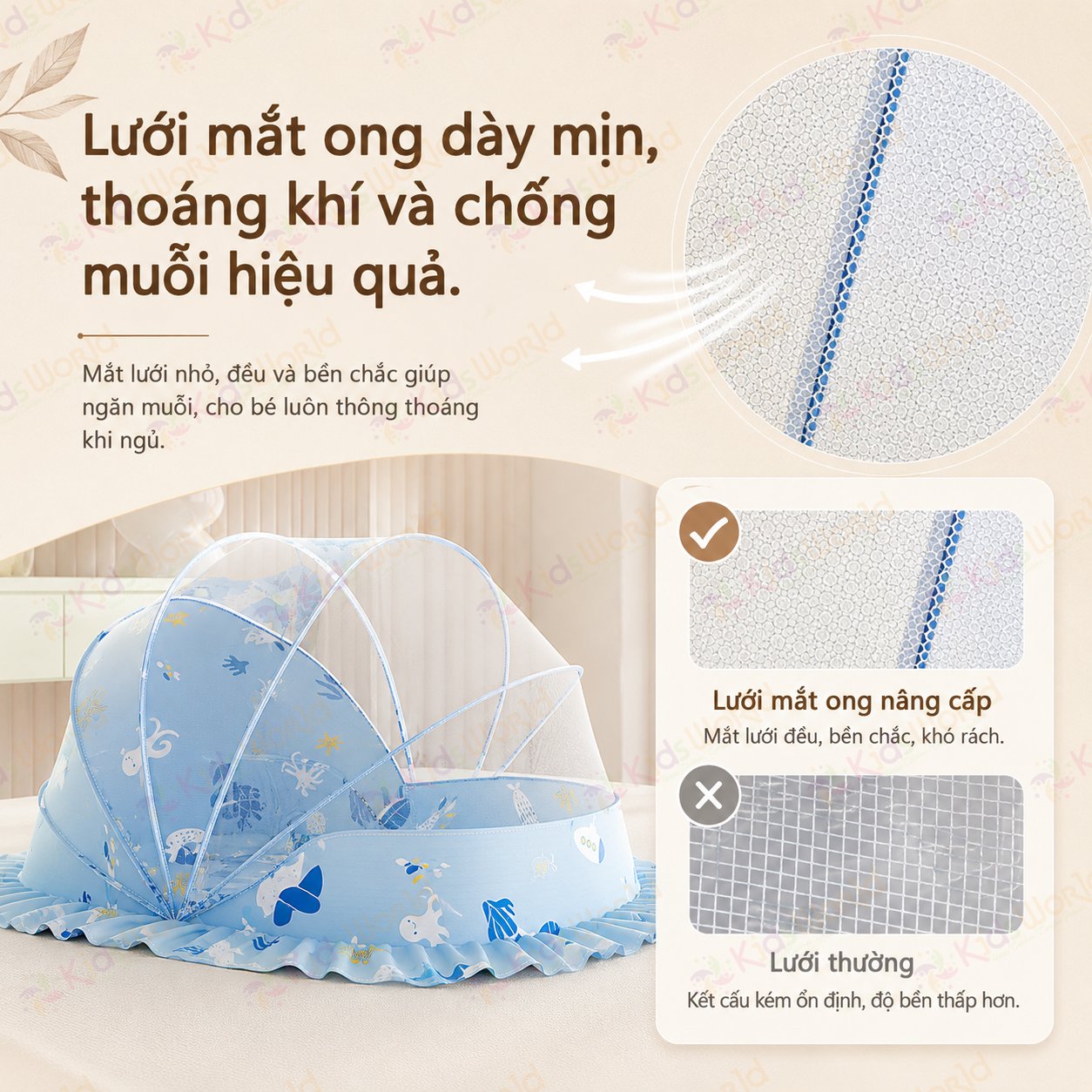 Màn chụp tự bung cho bé gấp gọn chống muỗi côn trùng, họa tiết động vật đại dương dễ thương, lưới mắt ong thoáng khí, thiết kế chắn sáng dùng cho giường nôi cũi
